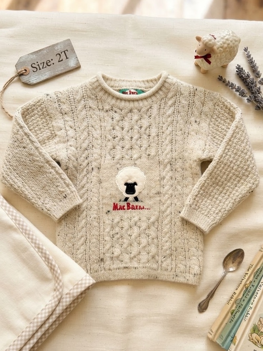 Vintage Mac Baaaa Kids Cream Cable Knit Wool Sheep Sweater Size 2T